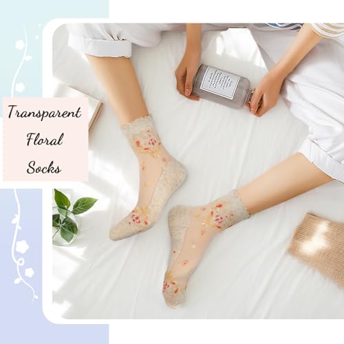 6 Pairs Women Summer Socks Mesh & Lace Ankle Socks - Transparent Floral & Fishnet Designs4
