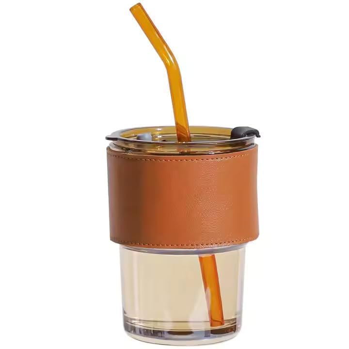 Image of 400ml Brown Glass Sipper Bottle with Lid & Straw | Stylish Reusable Glass Bottle for Juice, Coffee, Smoothies, Milk | Eco-Friendly, Leakproof Drinkware for Kids & Adults | Travel-Friendly