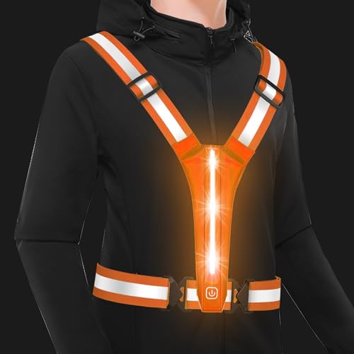 Todoxi Led Running Reflective Vest, High Visibility Night Running Gear Light Up Running Vest for Walking at Night Rechargeable Adjustable Led Vest for Runners Walkers Men Women (Orange)