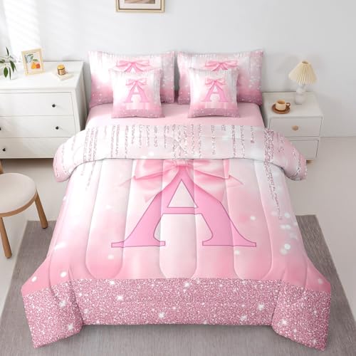 Image of Feelyou Kids Pink Bowknot Bed in A Bag Full Size, Personalized Initial A Comforter Set with Sheets Princess Glitter 7 Pieces Bedding Set Boys Girls Bow Alphabet Teens Bed Set Bedroom Decor 7Pcs