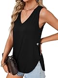 Rooscier Women's Casual Tank Tops V Neck Button Slit Side Sleevless Loose Basic Summer Tee Shirts Black Medium