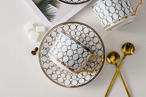 Cwlwgo-European Style Cup And Saucer Set, 7 Oz Bone China Beautifully Glazed White Gold Tea Cup And Saucer, Golden Spoon, Mug, Cappuccino, Latte, Mocha . (4 Pack). #TOP3