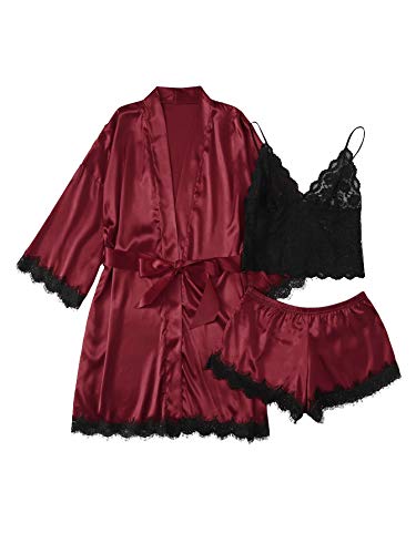 Lyaner Women's Lace Cami Top And Shorts Satin Silk Lingerie Set With Robe Pajamas Sleepwear Burgundy Large #TOP22