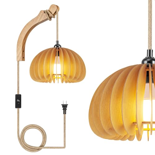 Image of Wood Lantern Plug in Wall Sconces, Wicker Brackets Wall Lamp with Plug in Cord Hand Woven Rattan Bedside Reading Light, Wooden Globe Pumpkin Shade Hemp Rope Hanging Lamp for Living Room Bedroom