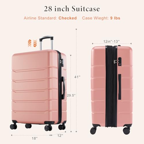 Image of Sweetcrispy 28 Inch Checked Luggage, ABS Lightweight Rolling Hard Shell Suitcase with Smooth Spinner Wheels, Built-in TSA Lock, Durable Travel Suitcase for Business and Vacation Trip, Pink