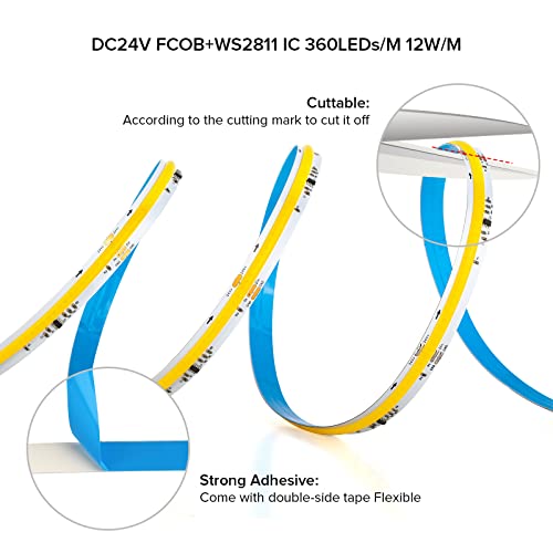 Image of SEZO FCOB IC Addressable LED Strip COB+WS2811 IC 3000K Warm White Chasing High Density 16.4FT /5M DC24V CRI 90+ 360LEDs /M IP30 LED Tape for Indoor DIY Decoration (Not Included SPI Controller)