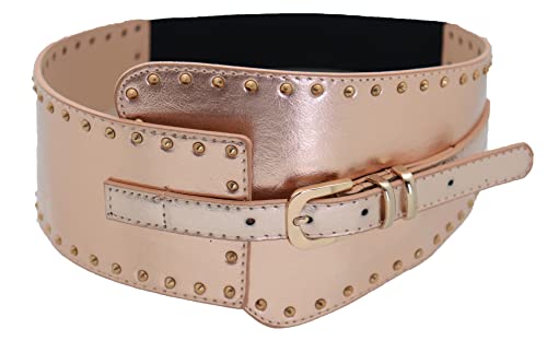 Women Western Fashion Wide Wasited Elastic Belt Hip Waist Metal Studs Buckle S M Rose Gold