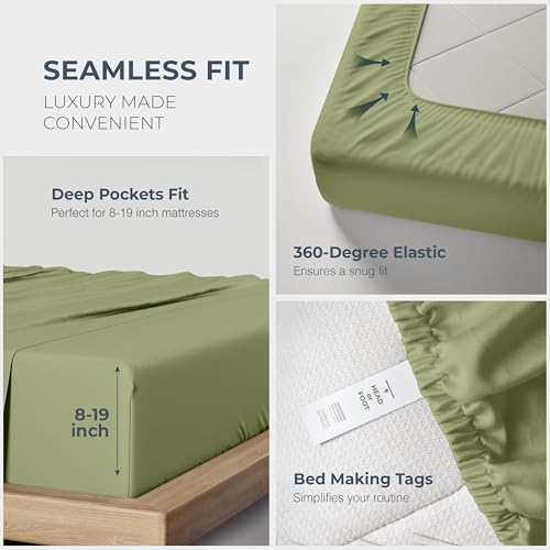 Image of THREAD SPREAD 100% Egyptian Cotton Sheets California King Size - 1500 Series Cal King Sheets Egyptian Cotton (4 PC, Sage Green), Silky Soft, Sateen Weave, Cooling & Breathable, 17 inch Deep Pocket Bed Set