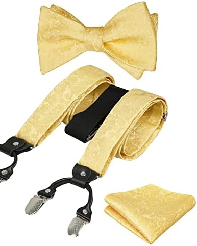 Alizeal Mens Adjustable Floral Paisley Self-tied Bow Tie, Pocket Square and Elastic Y Shape 6 Clips Braces Set