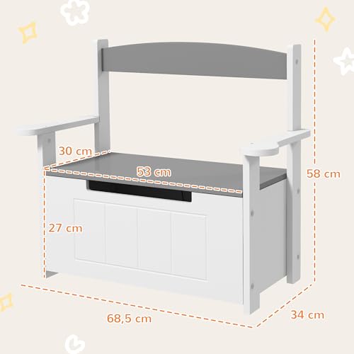 Miniatura 7 de Aiyaplay Baúl Para Juguetes Infantil, Banco Almacenaje Para Niños, Con Respaldo Y Tapa Amortiguadora, Carga 30 Kg, Para Salas De Juego, Dormitorio, 68,5x34x58 Cm, Gris Y Blanco
