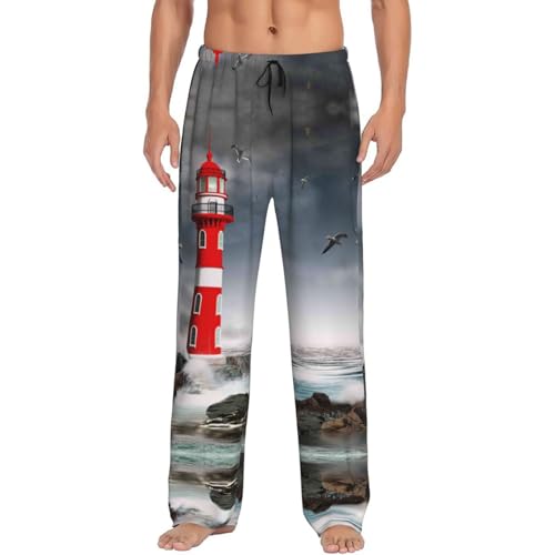 VOSERY 3d Lighthouse in the Surf Mens Pajama Pants, Soft Sleep Pj Pants for Men, Mens Lounge Pajama Bottoms with Pockets