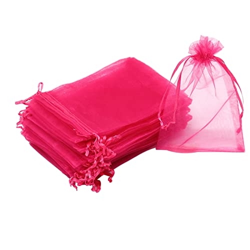 Bezall 50Pcs 4x6 Inch Hot Pink Organza Bags, Mesh Jewelry Gift Pouches with Drawstring for Christmas Wedding Party Favors