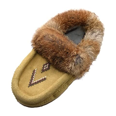 Kathyland Native dechic Slippers Unisex Canada Made Moccasins Leather Slippers for Women Real Fur Slippers (Women US 9-10, Oak) Cover