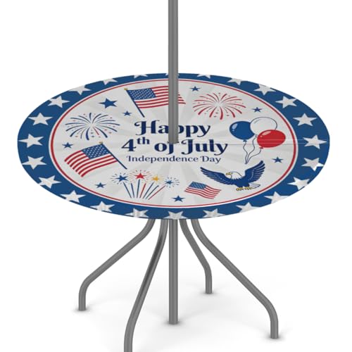 Pardick 4th of July Round Outdoor Tablecloth with Umbrella Hole 45"-56" Zippered Elastic Tablecloth Outdoor Round Fitted Tablecloth Waterproof Umbrella Zippered Tablecloth for Patio