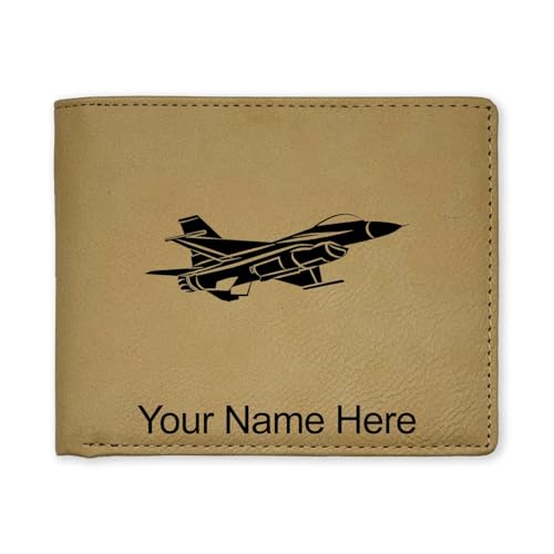 LaserGram Faux Leather Bi-Fold Wallet, Fighter Jet 1, Personalized Engraving Included (Beige)