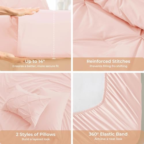 Image of Sasttie King Size Comforter Set, 7-Piece Bed in a Bag, Pintuck Bedding Set for All Season, Includes Comforter, Flat Sheet, Fitted Sheet, Pillowcases and Pillowshams, Blush Pink