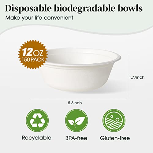Ecolipak 150 Pack 12 Oz Paper Bowls, Disposable Compostable Bowls Heavy-Duty, Biodegradable Soup Bowls Made Of Natural Bagasse, Eco-Friendly Sugarcane Bowls For Salad, Dessert, Milk, Cereals #TOP1