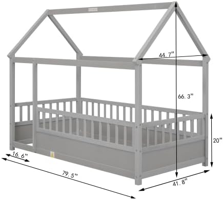 Miniatura 9 de Cama Montessori de madera con valla y techo para niños, moderno marco de cama individual para niños y niñas (blanco, individual)