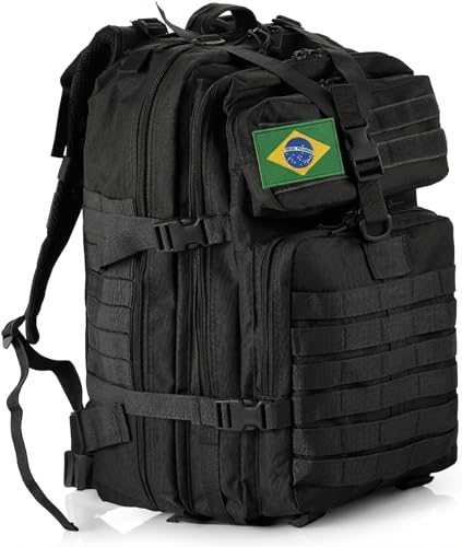 Mochila Masculina 50L Design Militar Utilitário Reforçada, Resistente à Água, Compartimento para Notebook, Estrutura Modular para Trilhas, Viagens e Camping (Preta)