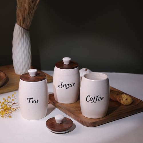 Image of Ceramic Tea Coffee Sugar Containers Set of 3 with Wooden Lids | Jar and Container for Kitchen Storage Set | Multi Utility Air Tight Kitchen Organizer Items (Hand-Painted, 400 ML)