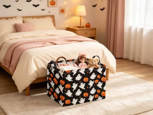 Image of Halloween Basket Cute Baskets for Kids Pumpkin Basket Rectangular Storage Bin Organizer Box Room Decor(Black Ghosts)