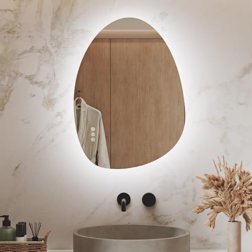 S'AFIELINA Espejo de baño con luces LED de 60 x 45 cm, espejo de baño LED asimétrico con interruptor táctil inteligente, luz regulable de 3 colores, antivaho, función de memoria, espejo de tocador