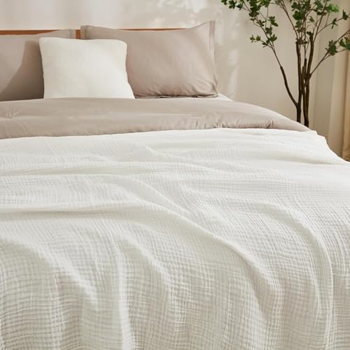 Image of EMME Cotton Muslin King Blanket Big Oversized Bed Layering Bedspread Coverlet Breathable Gauze Soft Lightweight Blankets (White, 120 inchx94 inch)