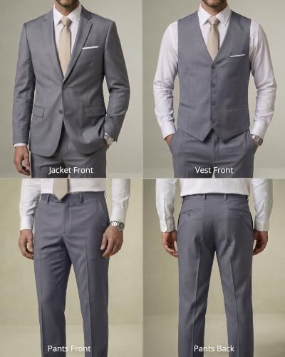 Image of YND Men's 3 Piece Suit with Tie, Solid Color Slim Fit Jacket Vest and Pants