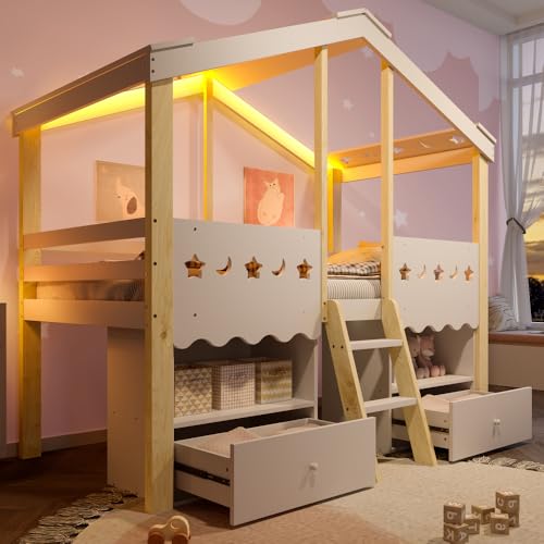 Sairedel Cama de 90 x 200 cm con forma de casa, 2 cajones, barra de luz LED, sin colchón, color blanco + naturaleza