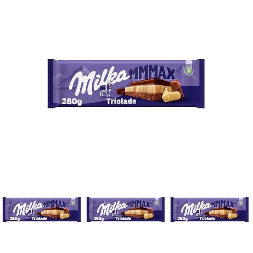 Milka MMMAX Triolade Tableta Grande de 3 Chocolates: Blanco, Chocolate con Leche de los Alpes y Chocolate con Extra de Cacao 280g (Paquete de 4)