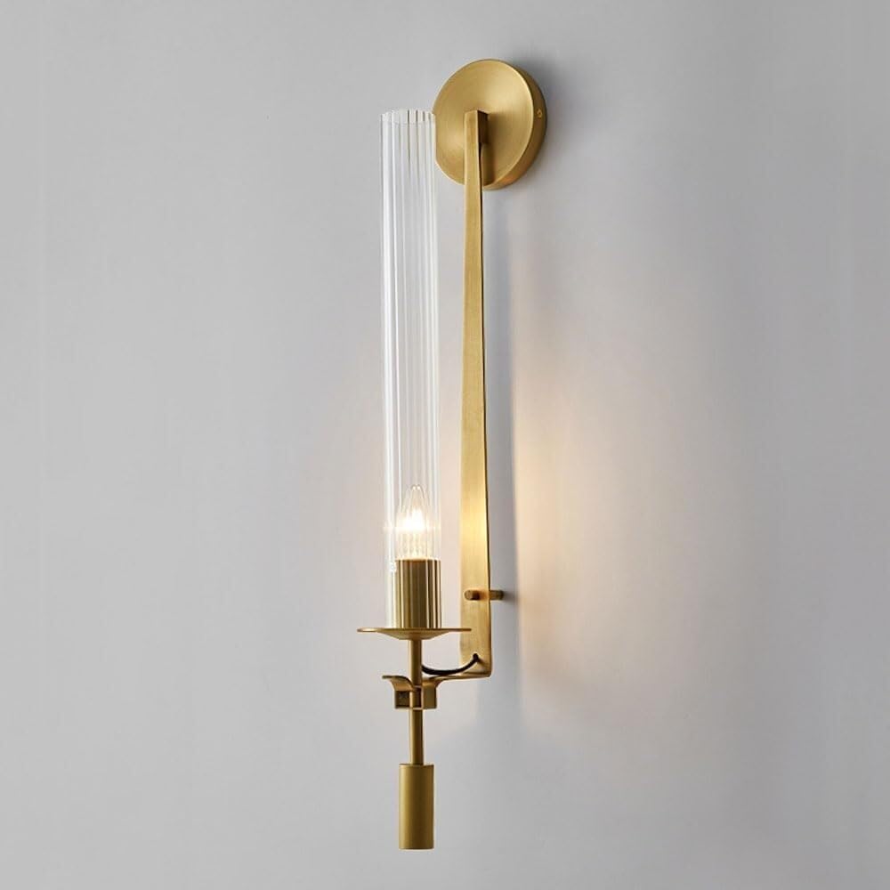 CWCQGH Long Tube Glass Wall Lamp, Modern Brass Wall Light, Cylindrical Copper Wall Sconce with Grooved Glass Shade. for Bedroom Bedside Study Stairs Hallway Kitchen Wall Mounted,Gold