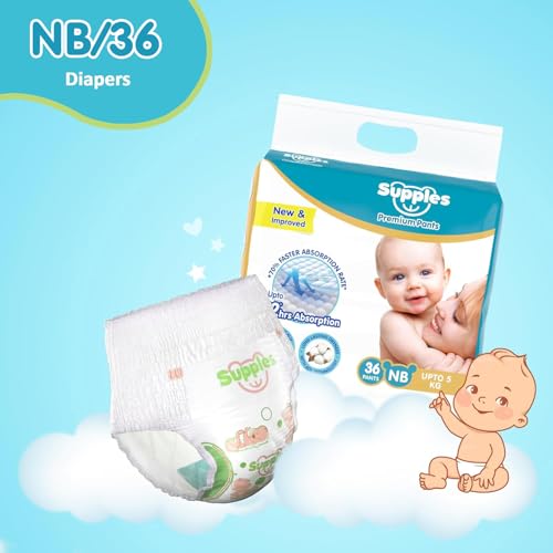 Image of Amazon Brand - Supples Premium Diaper Pants | for Newborn Babies | 36 Diapers | NB /XS | Up to 5 Kg | 12 Hrs Absorption | Cushiony Cotton Soft Fabric | Phthalates-Free | Triple Leak Guard