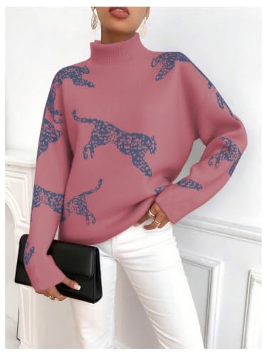 Image of WDIRARA Women's Leopard Tiger Print Sweater High Neck Long Sleeve Fuzzy Knitted Pullover Top
