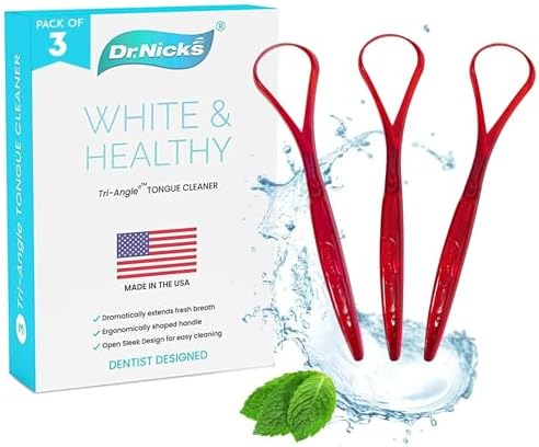 Tongue Scraper (3 pack)(Red) - 100% BPA Free - Dentist Designed for Fresh Breath - Dr. Nick’s White & Healthy Easy to Use Plastic Tongue Cleaner for Adults