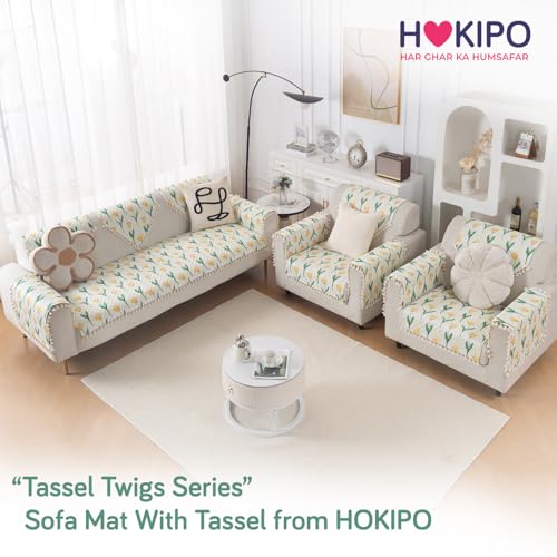 Image of HOKIPO Tulip Blossom Quilted Sofa Cover 5 Seater Set - Washable 3+1+1 Sofa Cover Mat with Tassel Design | 'Tassel Twigs' Series (IN-985-T4 + IN-982-T4*2)