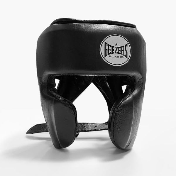 Geezers Boxing Elite Pro 2.0 Sparring Cheek head-guard, Ultra-durable Leather Material, layered padding protection Headguard for Boxing, MMA & Martial Arts, Men and women’s (Medium, Black)
