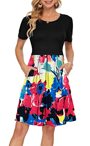 Image of AUSELILY Women's Short Sleeve Pleated Swing Summer Dress with Pockets | Knee-length short sleeve dress, empire waist & pockets, ideal for casual daily wear and vacation