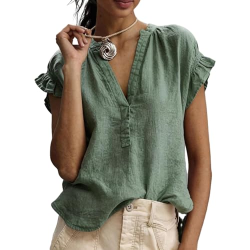 Chemise col en V femme manches courtes volants en coupe ample unie et légère