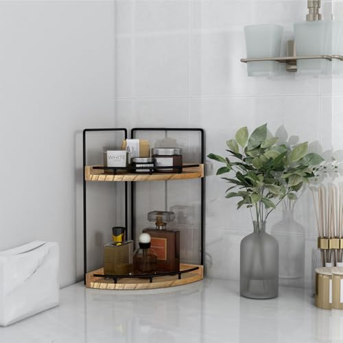 Image of Dorhors 2-Tier Bathroom Counter Organizer,Vanity Counter Corner Shelf, Skincare, Wood Countertop Bathroom Storage and Organization for Kitchen (Brown)