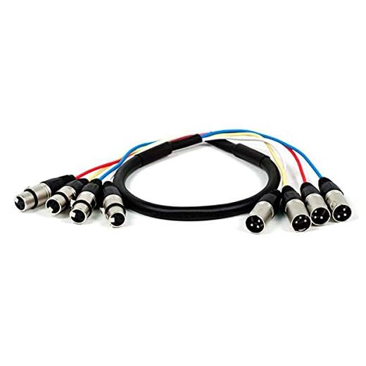 Monoprice 4-Channel XLR Male to XLR Female Snake Cable Cord - 3 Feet- Black/Silver with Metal Connector Housings Plastic and Rubber Cable Boots
