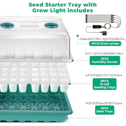 Image of Seed Starter Tray with Grow Light, 96-Cell Seed Starter Kit, Seedling Starter Trays with Humidity Domes, Automatic Timer, Adjustable Light Indoor Gardening Plant Germination Trays