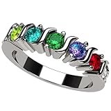 Central Diamond Center S-Bar with Sides Mother's Ring 1 to 6 Simulated Birthstones, Platinum Plated Silver - 1 to 5 Birthstones - Size 7.5