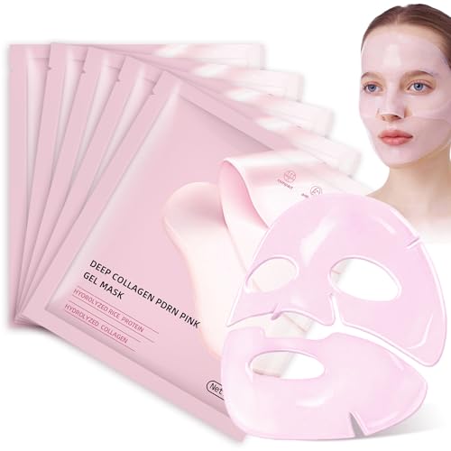 Mascarilla Facial de Colágeno Rosa, Bio Collagen Mask, Mascarilla Nocturna Coreana, Hidratante & Reafirmante, Ilumina la Piel, Cuidado Facial para Todo Tipo de Piel, 5 Piezas