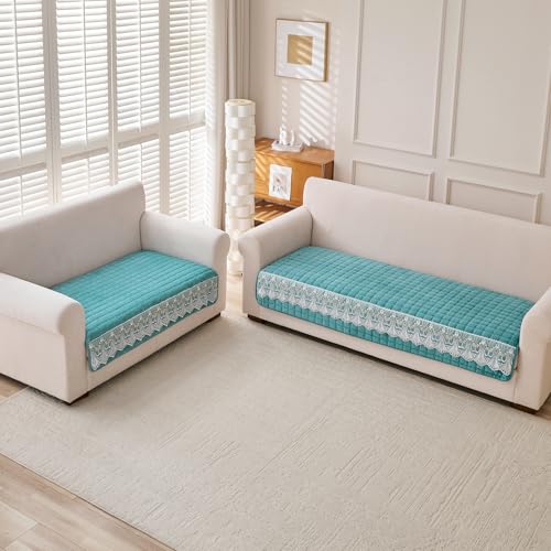Image of HOKIPO 'BelleLace Series' 5 Seater Sofa Cover Mat in 3+2 Seater Combination | Imperial Milk Velvet with Anti Slip Backing, Teal (AR-5966+5964-TEAL)
