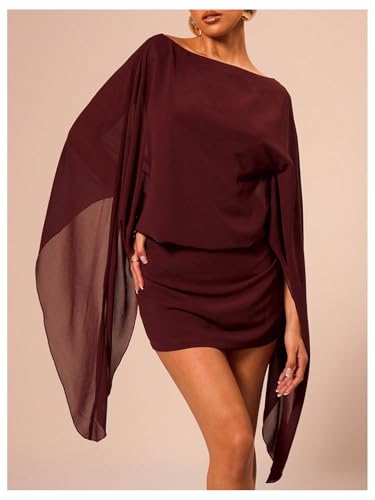 MakeMeChic Women's Boat Neck Cape Sleeve Mini Dress Ruched Bodycon Elegant Short Dresses4