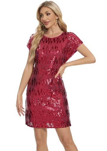 Image of Women's Crewneck Sequin Shift Dress Short Sleeve Casual Holiday Sparkly Party Dress