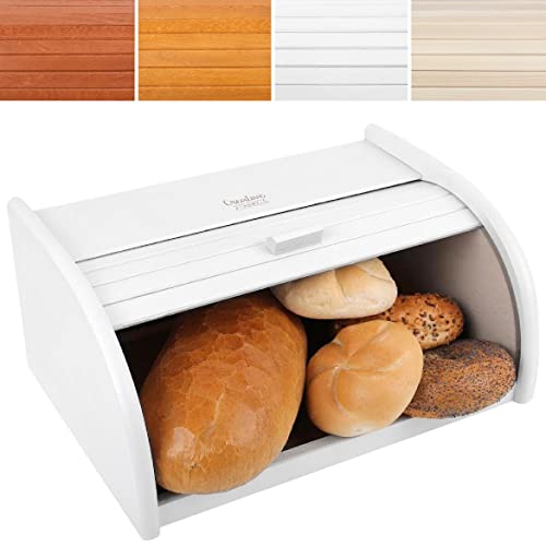 Creative Home Boîte à Pain en Bois Blanche | 40x27,5x18,5 cm | Hêtre Naturel | Corbeille avec Couvercle en Rouleau | Boite a Pain de Couleur Unie | Contenant de Nourriture Sèche et Boulangerie