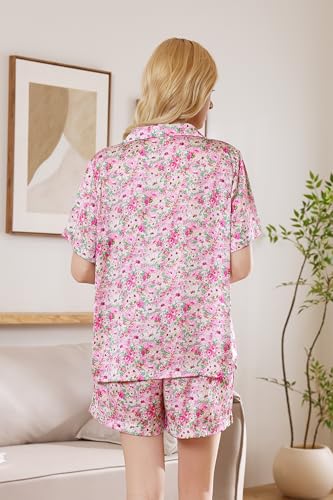 Image of YiNi LuLu Womens Silk Satin Shorts Pajamas Set Button Down 2 Piece Pjs Short Sleeve Oversized Sleepwear with Pockets