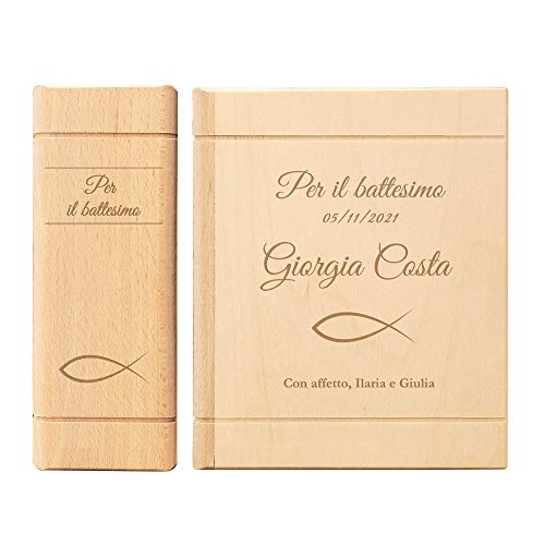 Casa Vivente Salvadanaio a Bibbia in Legno con Incisione per Battesimo Personalizzata con Nomi e Data, Motivo Pesce Ichthys, Idea Regalo Neonati