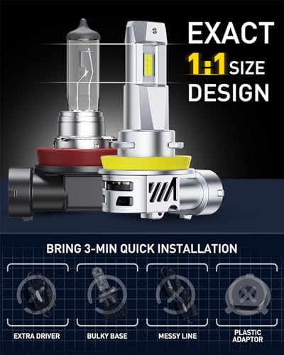 Image of AUXITO H11 /H8 /H9 LED Bulb, 86000LM 6500K White, 1:1 Mini Size Light with fan, Non-Polarity Plug & Play, EMC-Protected, 1:1 Mini Size & Non-Polarity, Pack of 2